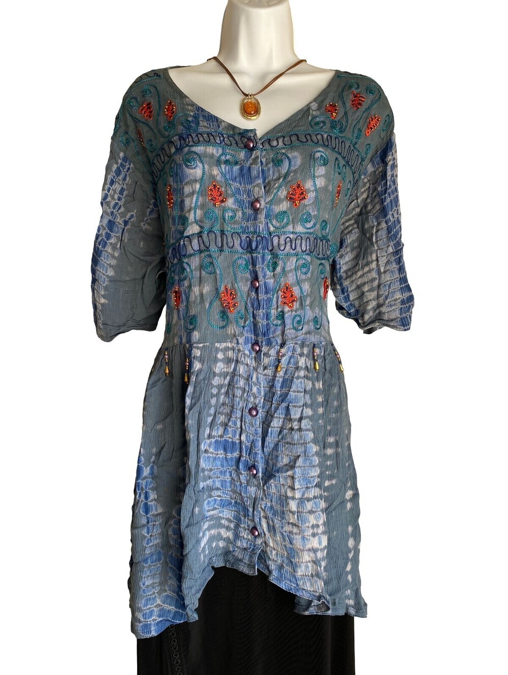 VTG Plus 4X Boho Babydoll Embroidered Tunic Blouse Button Up Artsy Festival